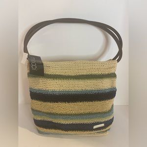 Minicci woven textile striped purse multicolor brown handle snap closure
